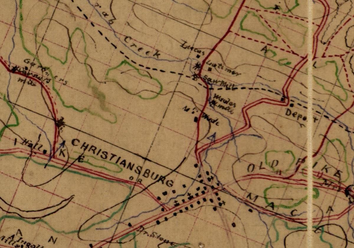 Detail of a hand-drawn 1864 map in brown, red, green and blue ink: the cluster of Christiansburg at lower center, a dashed railroad across the top with the word Depot, Crab Creek, and handwritten labels including Mr. Wade, Wades mill, saw mill, Latimer and Lucas.