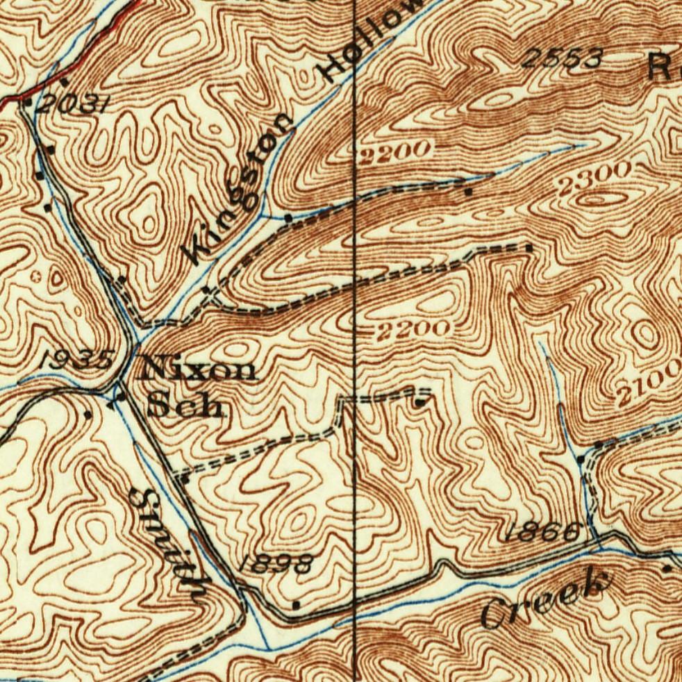 Detail of a 1930s topographic map in brown contour lines: a valley labeled Kingston Hollow at top, a road fork with the words Nixon Sch beside it at center left, dashed farm lanes climbing the slopes to small black farmstead squares, a ridge marked 2553 at upper right, and a stream labeled Smith Creek winding along the bottom.