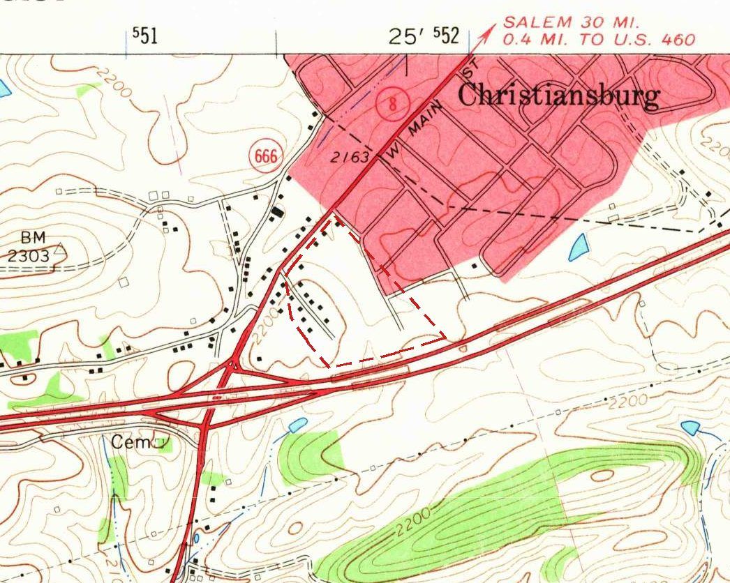Detail of a 1965 topographic map: the pink built-up area of Christiansburg at top right, West Main Street as a red road running southwest, a short street lined with small black house squares beside it inside a dashed red outline, and a divided highway with an interchange along the bottom.