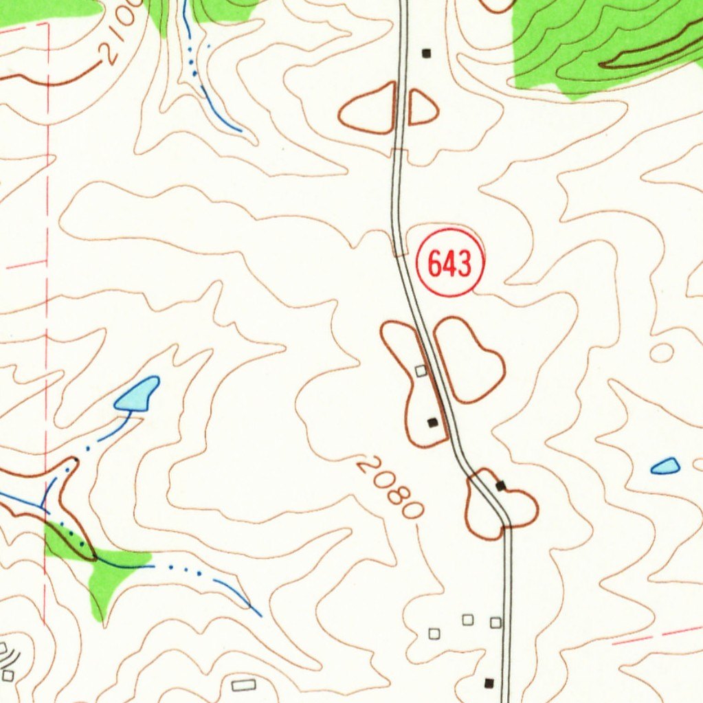 Detail of a 1965 topographic map: a two-lane road with a red 643 route sign running from top to bottom just right of center, a few black and open building squares along it, open ground with light brown contour lines and the elevation 2080 to its left, a small blue pond and stream with a patch of green woods at lower left, and woods at the top corners.
