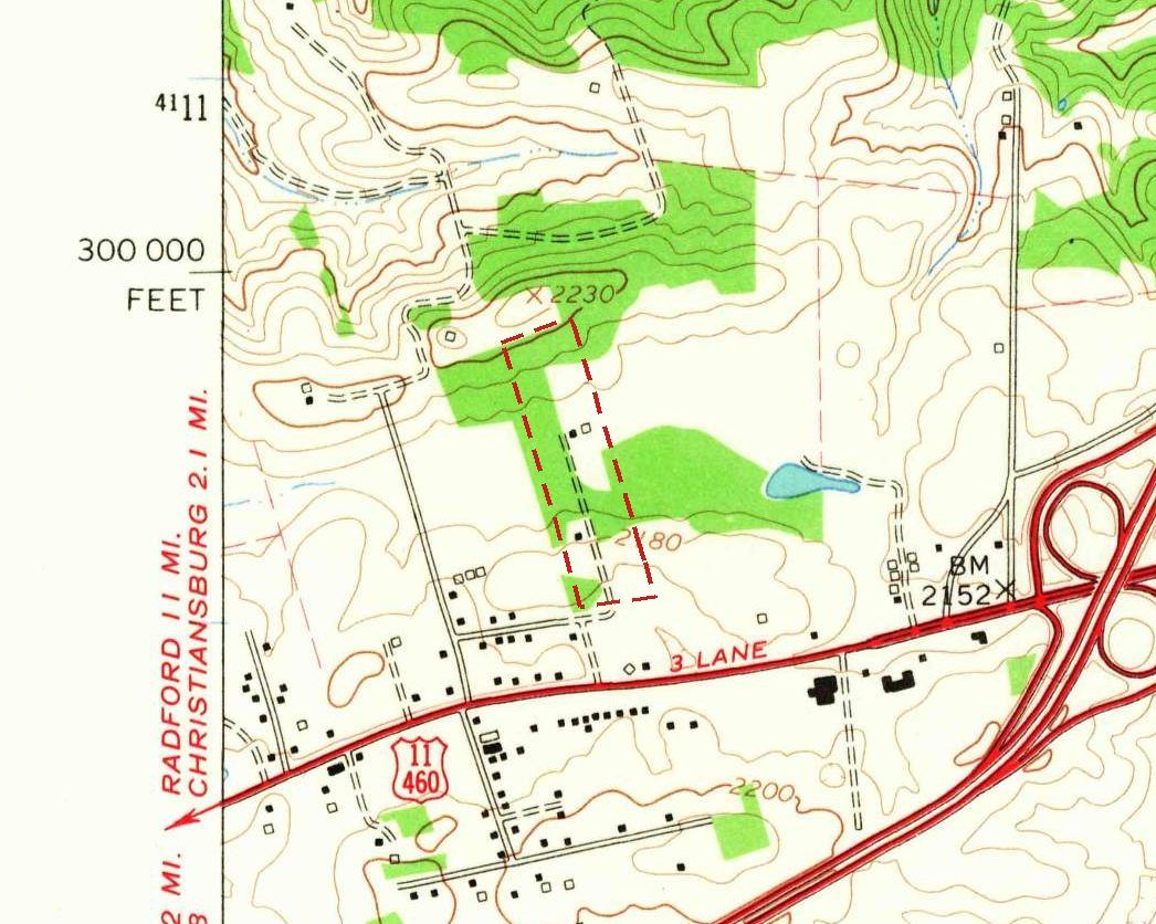 Detail of a 1965 topographic map: a red highway marked 11 and 460 crossing the bottom, a narrow dashed red outline around a lane running north from it with three small house squares, green woods beside it, a pond to the east, and an interstate cloverleaf at the right edge.