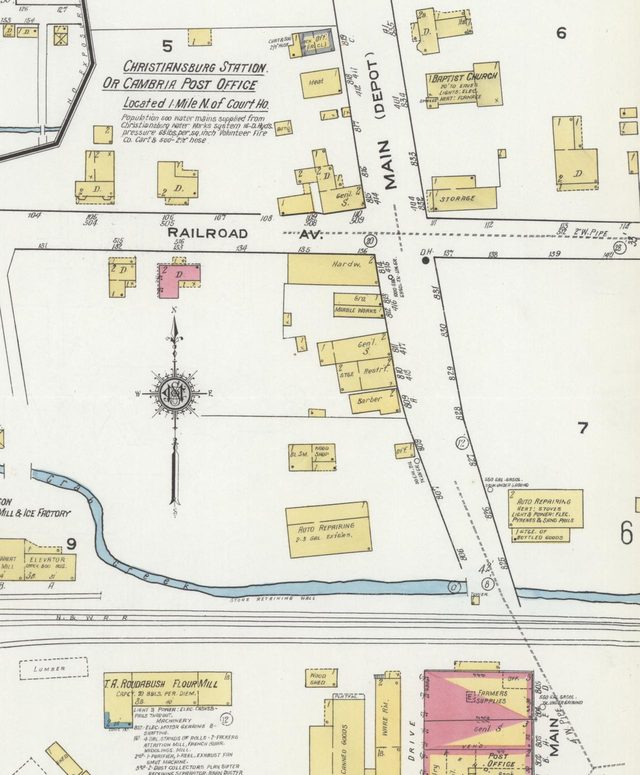 A 1921 fire insurance map of Cambria, labeled Christiansburg Station or Cambria Post Office: Main Street crossing Railroad Avenue, with stores, a church and a flour mill by the railroad