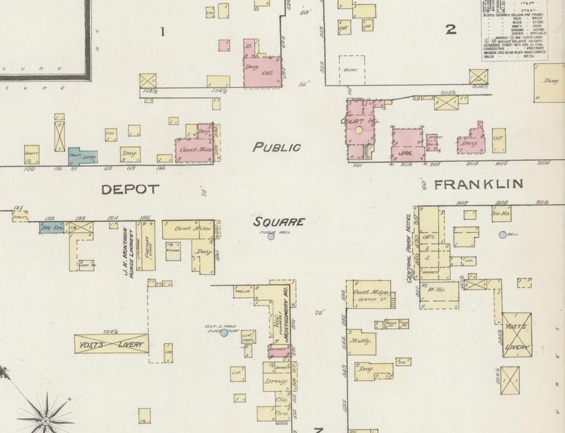 An 1885 fire insurance map of downtown Christiansburg: Main Street crossing Depot and Franklin streets at the Public Square